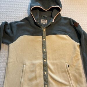 Burton Blue and Cream Hooded Fleece; pink piping at hood and waist.
